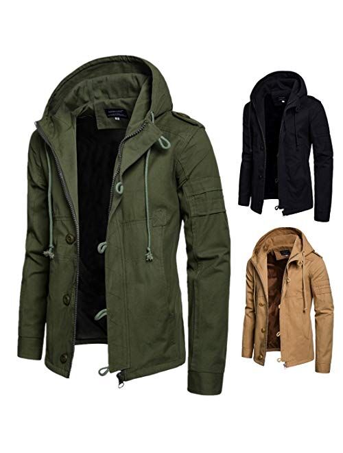 Men's Pure Color Zipper Hooded Cotton Fashion Jacket Coat