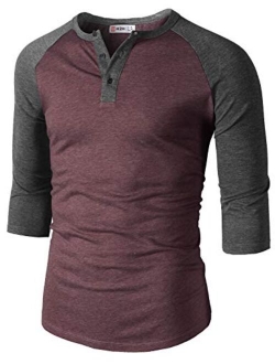 H2H Mens Casual Premium Slim Fit T-Shirts Henley Long & 3/4 Sleeve Summer Clothes