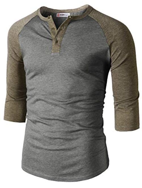 H2H Mens Casual Premium Slim Fit T-Shirts Henley Long & 3/4 Sleeve Summer Clothes