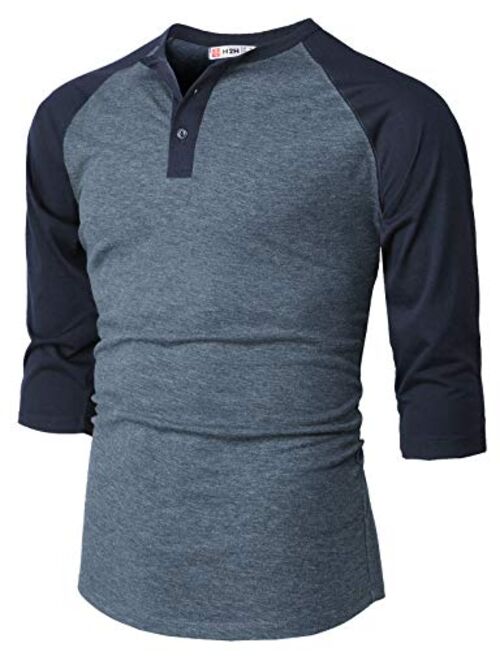 H2H Mens Casual Premium Slim Fit T-Shirts Henley Long & 3/4 Sleeve Summer Clothes