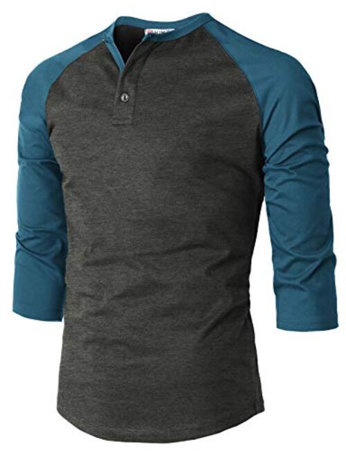 H2H Mens Casual Premium Slim Fit T-Shirts Henley Long & 3/4 Sleeve Summer Clothes