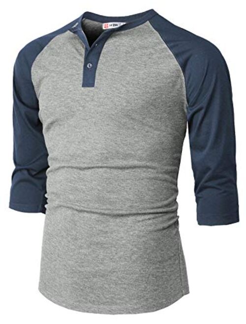 H2H Mens Casual Premium Slim Fit T-Shirts Henley Long & 3/4 Sleeve Summer Clothes