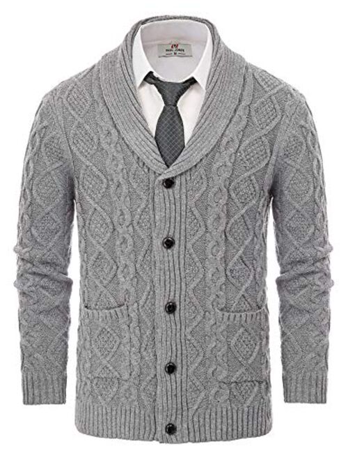 PAUL JONES Men's Knitted Cardigan SweatersShawl Lapel Cable Aran Button Sweater