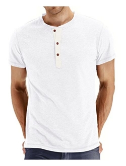 PEGENO Men's Fashion Casual Front Placket Short/Long Sleeve Henley T-Shirts Cotton Shirts