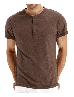 PEGENO Men's Fashion Casual Front Placket Short/Long Sleeve Henley T-Shirts Cotton Shirts