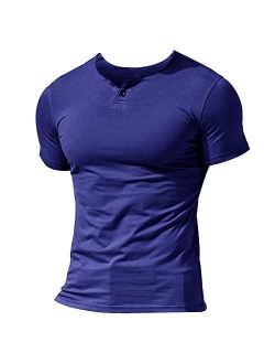 Muscle Alive Mens Summer Casual Short Sleeve Henleys T-Shirt Single Button Placket Plain v Neck Shirts