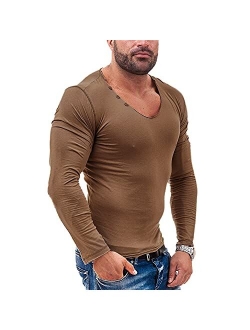 Muscle Alive Mens Summer Casual Short Sleeve Henleys T-Shirt Single Button Placket Plain v Neck Shirts