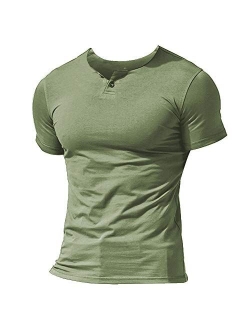 Muscle Alive Mens Summer Casual Short Sleeve Henleys T-Shirt Single Button Placket Plain v Neck Shirts