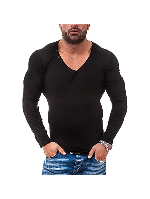 Muscle Alive Mens Summer Casual Short Sleeve Henleys T-Shirt Single Button Placket Plain v Neck Shirts