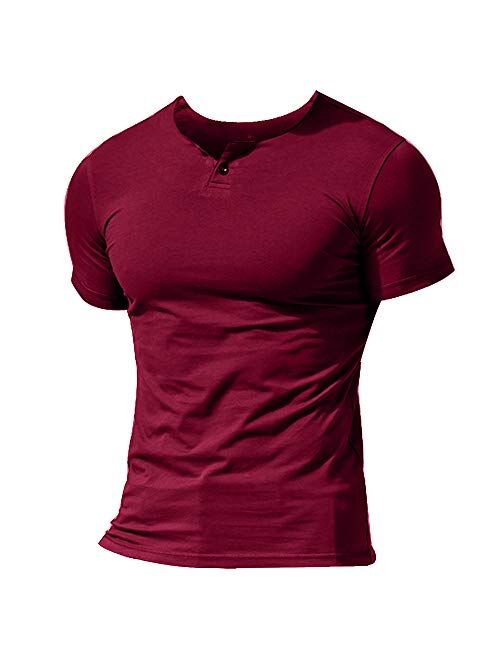 Muscle Alive Mens Summer Casual Short Sleeve Henleys T-Shirt Single Button Placket Plain v Neck Shirts