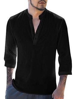 Mens Long Sleeve Henley Shirt Cotton Linen Beach Yoga Loose Fit Henleys Tops