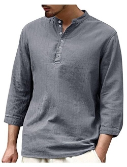 Mens Long Sleeve Henley Shirt Cotton Linen Beach Yoga Loose Fit Henleys Tops