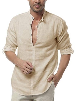 Mens Long Sleeve Henley Shirt Cotton Linen Beach Yoga Loose Fit Henleys Tops