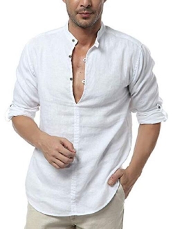 Mens Long Sleeve Henley Shirt Cotton Linen Beach Yoga Loose Fit Henleys Tops