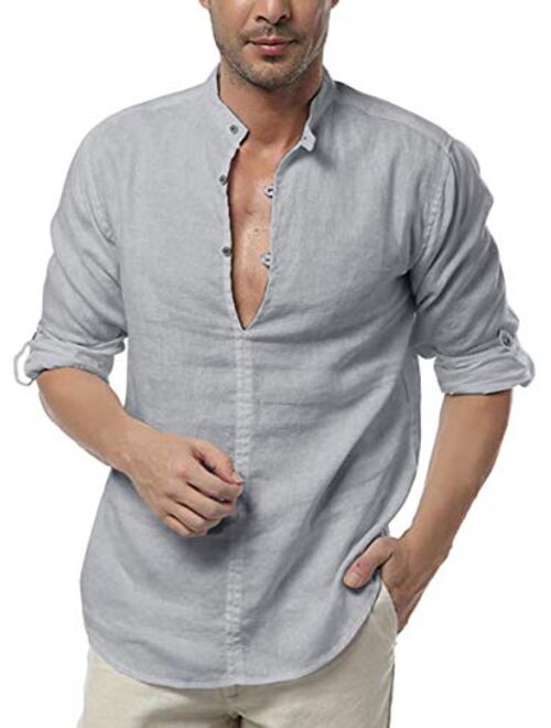 Mens Long Sleeve Henley Shirt Cotton Linen Beach Yoga Loose Fit Henleys Tops