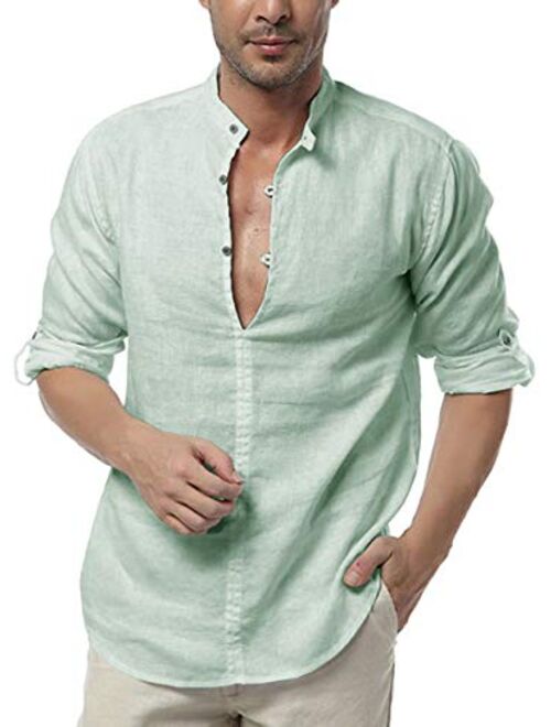 Mens Long Sleeve Henley Shirt Cotton Linen Beach Yoga Loose Fit Henleys Tops