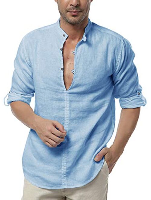 Mens Long Sleeve Henley Shirt Cotton Linen Beach Yoga Loose Fit Henleys Tops