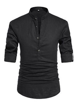 NITAGUT Men Henley Neck Long Sleeve Daily Look Linen Shirts