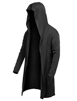 UUANG Mens Long Cardigan Open Front Draped Lightweight Hooded Sweater with Pockets