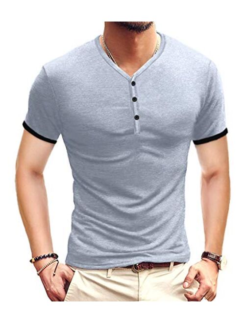 KUYIGO Mens Short Sleeve Henleys T-Shirts Buttons Placket Plain Summer Cotton Shirts