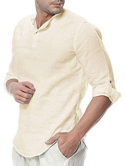 Mens Linen Henley Shirt Casual 3/4 Sleeve T Shirt Pullover Tees Lightweight Curved Hem Cotton Summer Beach Tops