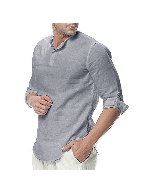 Mens Linen Henley Shirt Casual 3/4 Sleeve T Shirt Pullover Tees Lightweight Curved Hem Cotton Summer Beach Tops