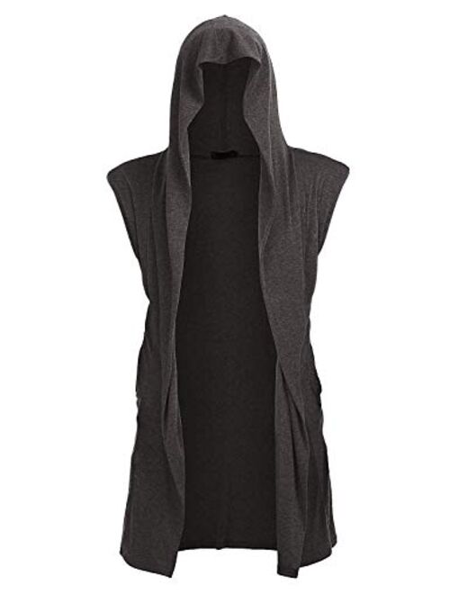 UUANG Mens Sleeveless Draped Lightweight Open Front Longline Hooded Cardigan S-XXL