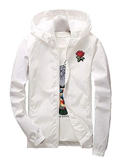 Rexcyril Men's Rose Floral Windbreaker Hooded Jacket Lightweight Casual Full Zip Flower Coat