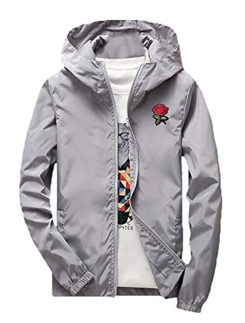 Rexcyril Men's Rose Floral Windbreaker Hooded Jacket Lightweight Casual Full Zip Flower Coat