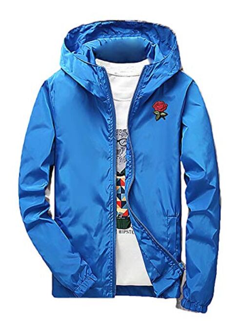 Rexcyril Men's Rose Floral Windbreaker Hooded Jacket Lightweight Casual Full Zip Flower Coat