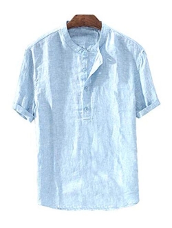 Runcati Mens Linen Henley Shirts Beach Short Sleeve Cotton Tops Lightweight Tees Plain Summer T Shirt