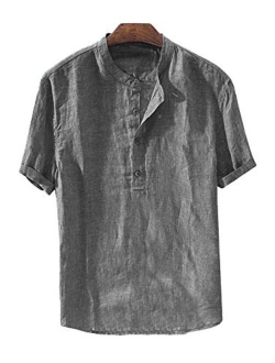 Runcati Mens Linen Henley Shirts Beach Short Sleeve Cotton Tops Lightweight Tees Plain Summer T Shirt