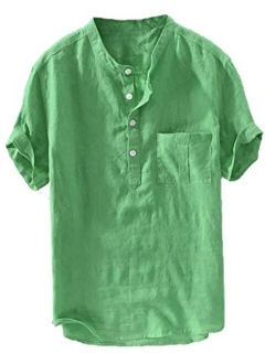 Runcati Mens Linen Henley Shirts Beach Short Sleeve Cotton Tops Lightweight Tees Plain Summer T Shirt