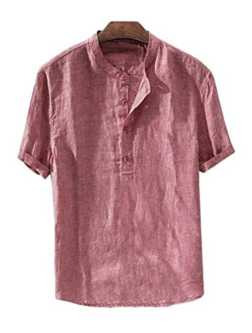 Runcati Mens Linen Henley Shirts Beach Short Sleeve Cotton Tops Lightweight Tees Plain Summer T Shirt