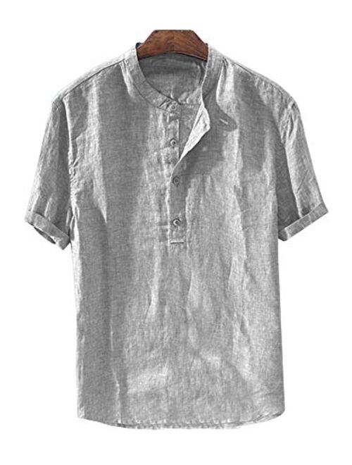 Runcati Mens Linen Henley Shirts Beach Short Sleeve Cotton Tops Lightweight Tees Plain Summer T Shirt