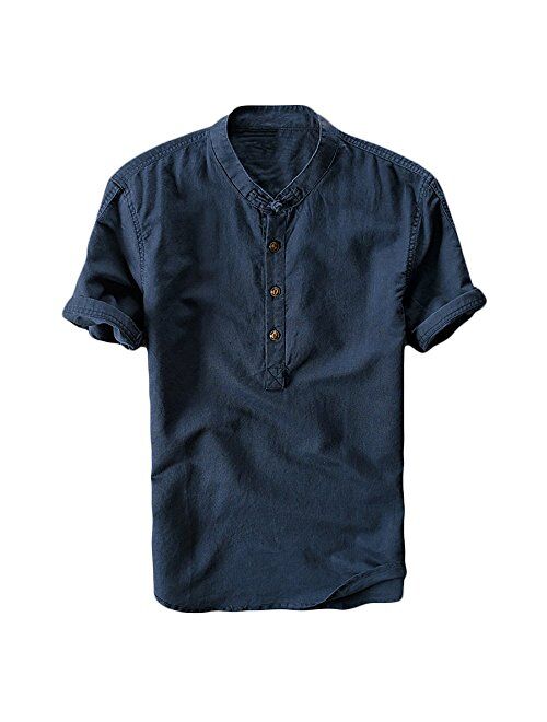 Runcati Mens Linen Henley Shirts Beach Short Sleeve Cotton Tops Lightweight Tees Plain Summer T Shirt