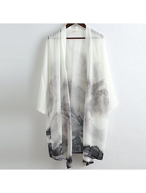 Men's Lightweight Open Front Cardigans Vintage Chinese Style Chiffon Print Cape Kimono