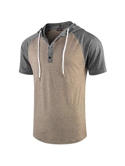 Moomphya Men's Jacquard Knitted Casual Short Sleeve Raglan Henley Jersey Hoodie T Shirt