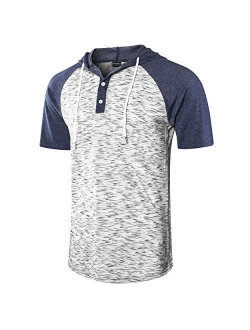 Moomphya Men's Jacquard Knitted Casual Short Sleeve Raglan Henley Jersey Hoodie T Shirt