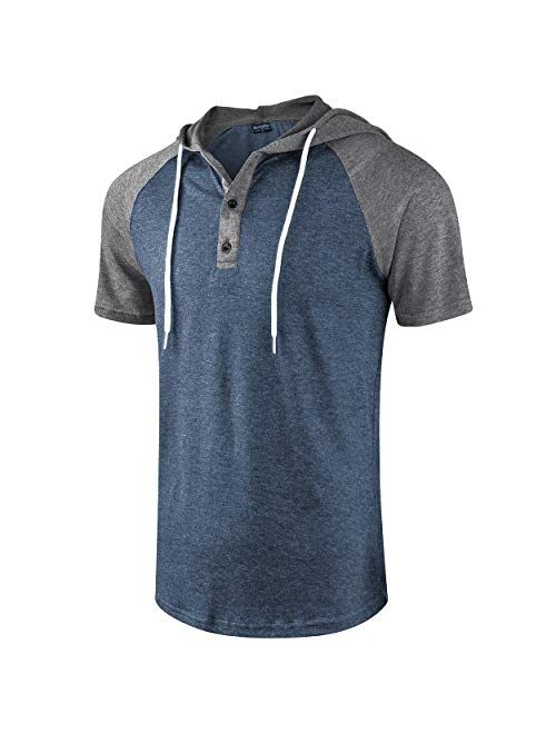 Moomphya Men's Jacquard Knitted Casual Short Sleeve Raglan Henley Jersey Hoodie T Shirt