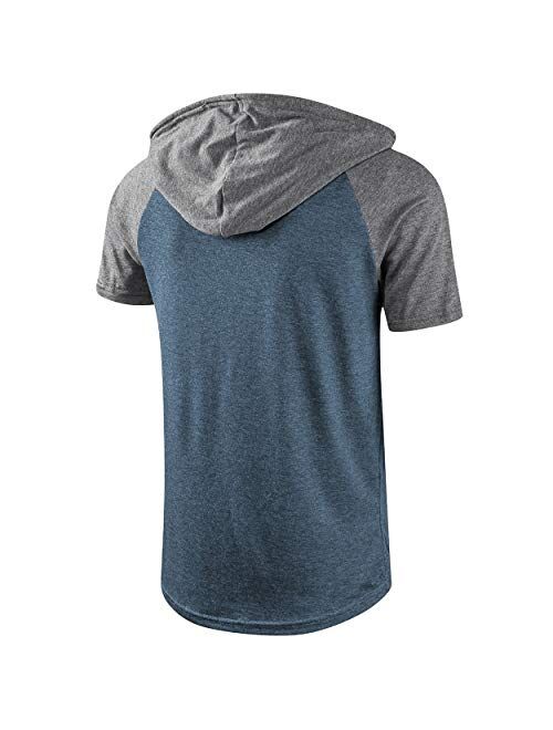 Moomphya Men's Jacquard Knitted Casual Short Sleeve Raglan Henley Jersey Hoodie T Shirt