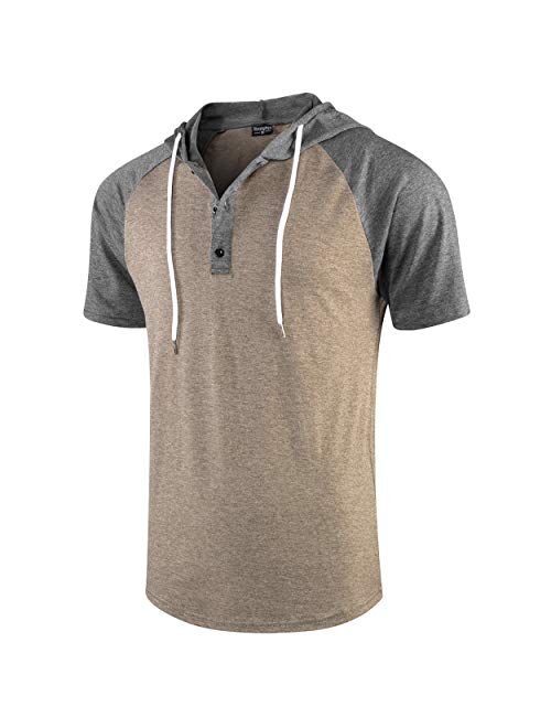 Moomphya Men's Jacquard Knitted Casual Short Sleeve Raglan Henley Jersey Hoodie T Shirt