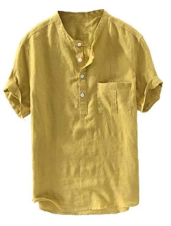 Mens Henley T-Shirt Linen Cotton Shirts Button Up Beach Tops Casual Short Sleeve Lightweight Plain Tees