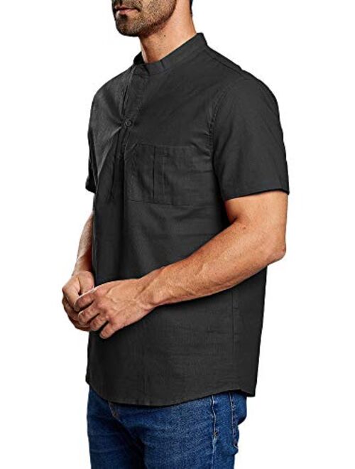 Mens Henley T-Shirt Linen Cotton Shirts Button Up Beach Tops Casual Short Sleeve Lightweight Plain Tees