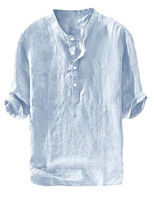 Mens Henley T-Shirt Linen Cotton Shirts Button Up Beach Tops Casual Short Sleeve Lightweight Plain Tees