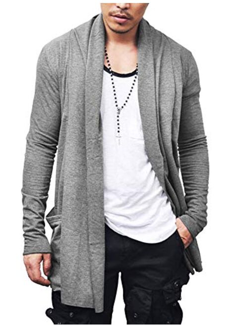 JINIDU Men's Ruffle Shawl Collar Cardigan Lightweight Cotton Blend Long Length Drape Cape