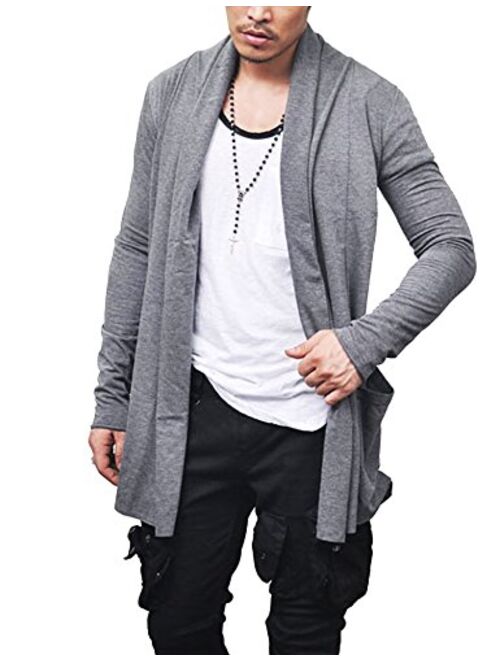 JINIDU Men's Ruffle Shawl Collar Cardigan Lightweight Cotton Blend Long Length Drape Cape