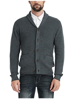 Kallspin Men's Merino Wool Blended Shawl Collar Cardigan Sweater Button Down Knitwear with Pockets