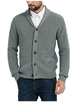 Kallspin Men's Merino Wool Blended Shawl Collar Cardigan Sweater Button Down Knitwear with Pockets