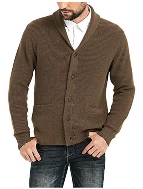 Kallspin Men's Merino Wool Blended Shawl Collar Cardigan Sweater Button Down Knitwear with Pockets